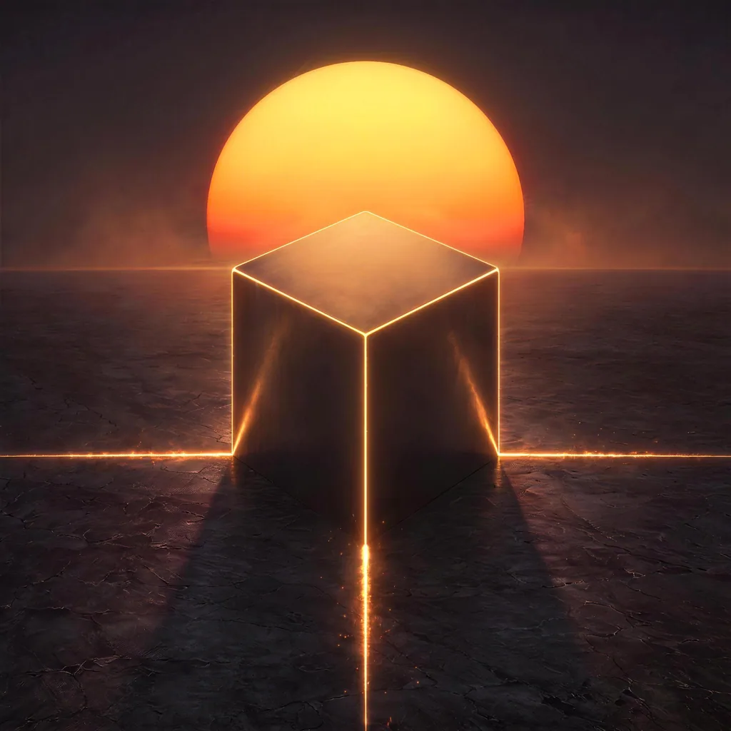 Gold runs down the edges of the cube and continues as three lines of fire across the ground.