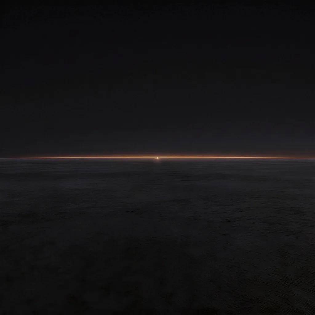 A graphite plain at night, with a single fire on the horizon.