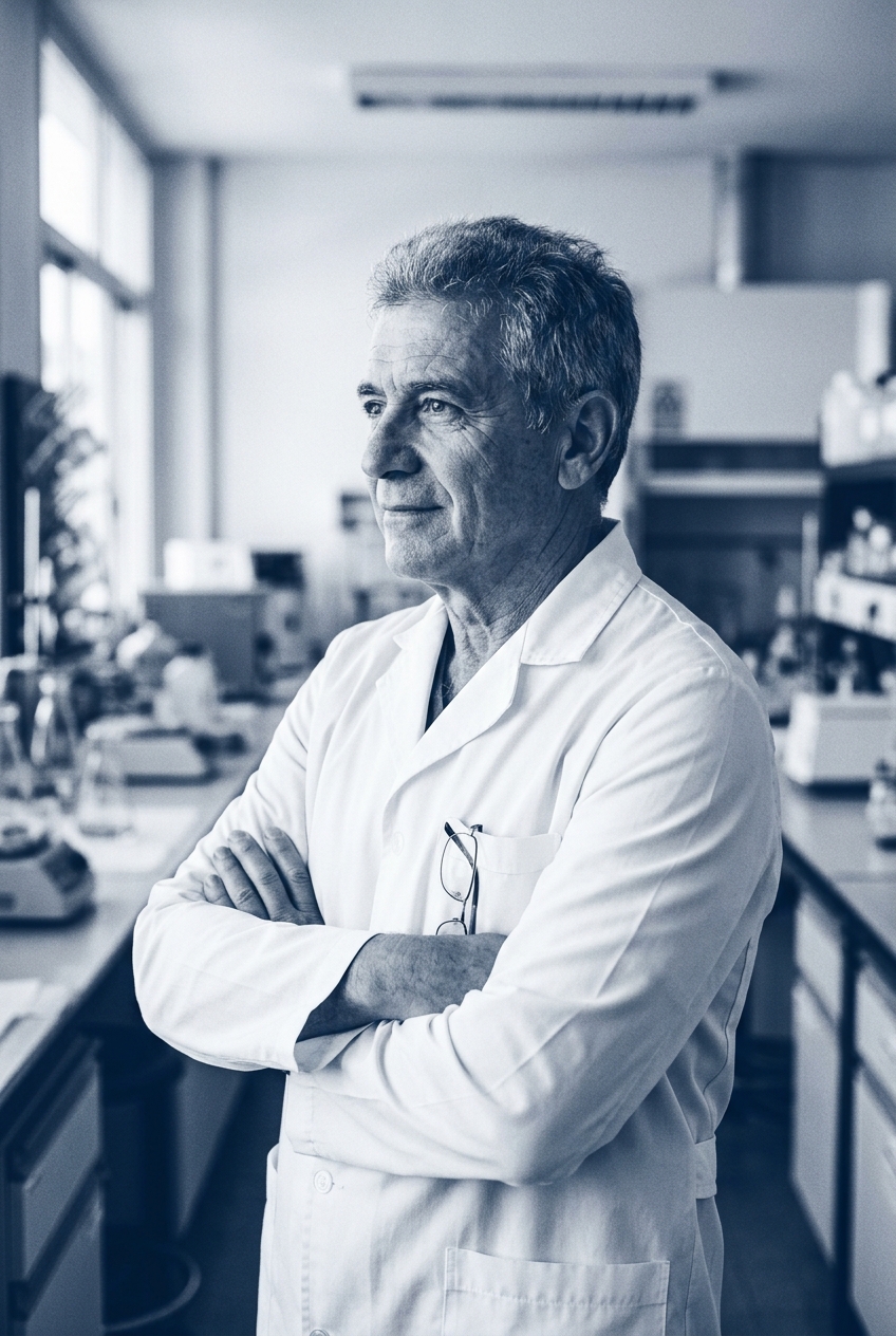 Retrato editorial del Dr. José A. Pugliese en bata blanca, fondo de laboratorio desenfocado