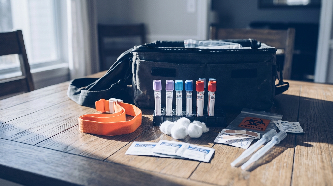 Técnica bioquímica con guantes azules preparando una extracción a domicilio, luz cálida de mañana