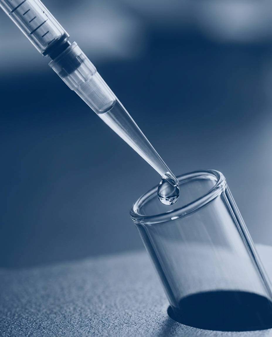 Pipeta de laboratorio liberando una gota sobre un tubo de ensayo, duotono clínico en azul profundo