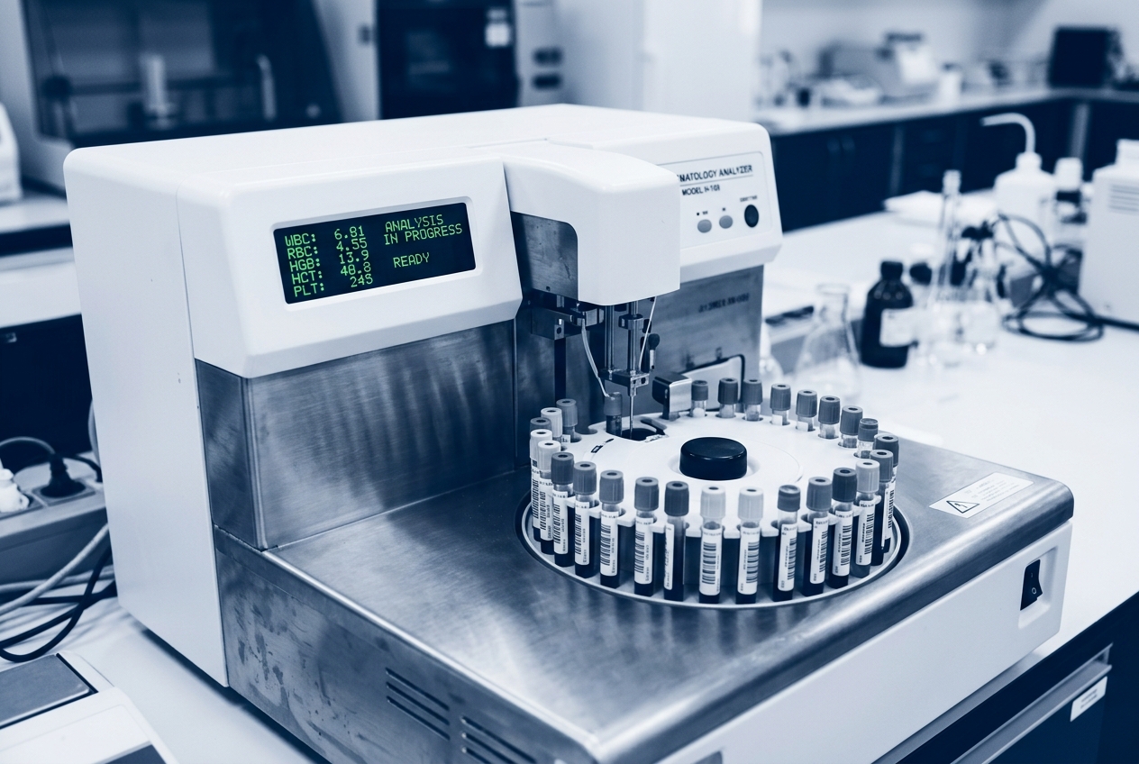 Autoanalizador de hematología en primer plano