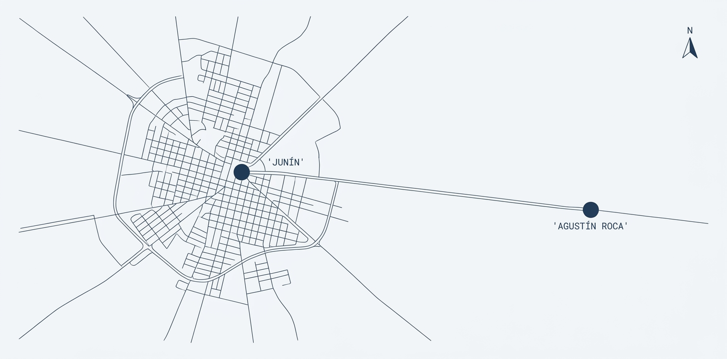 Mapa estilizado de Junín y Agustín Roca con punto de ubicación del laboratorio