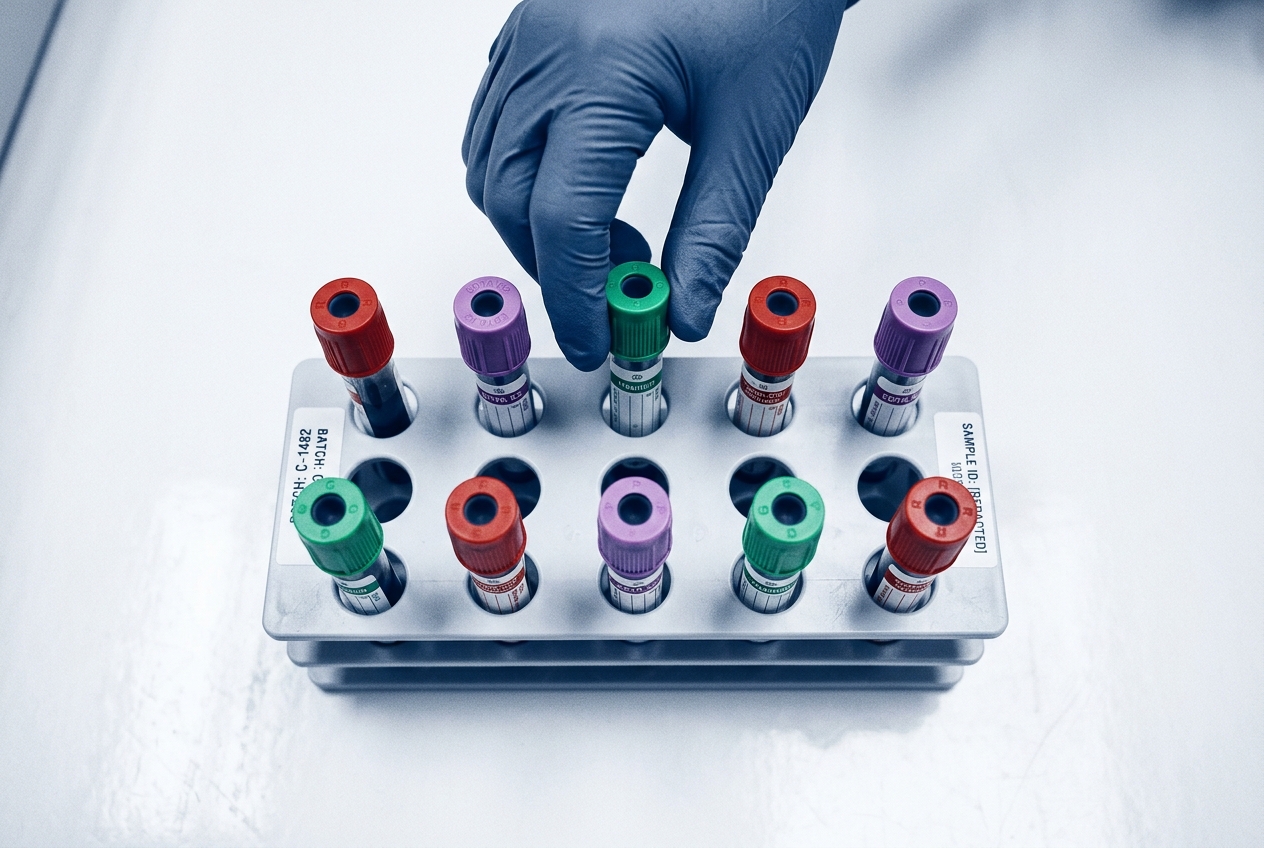 Gradilla de tubos de análisis clínico con tapones de diferentes colores, perspectiva cenital