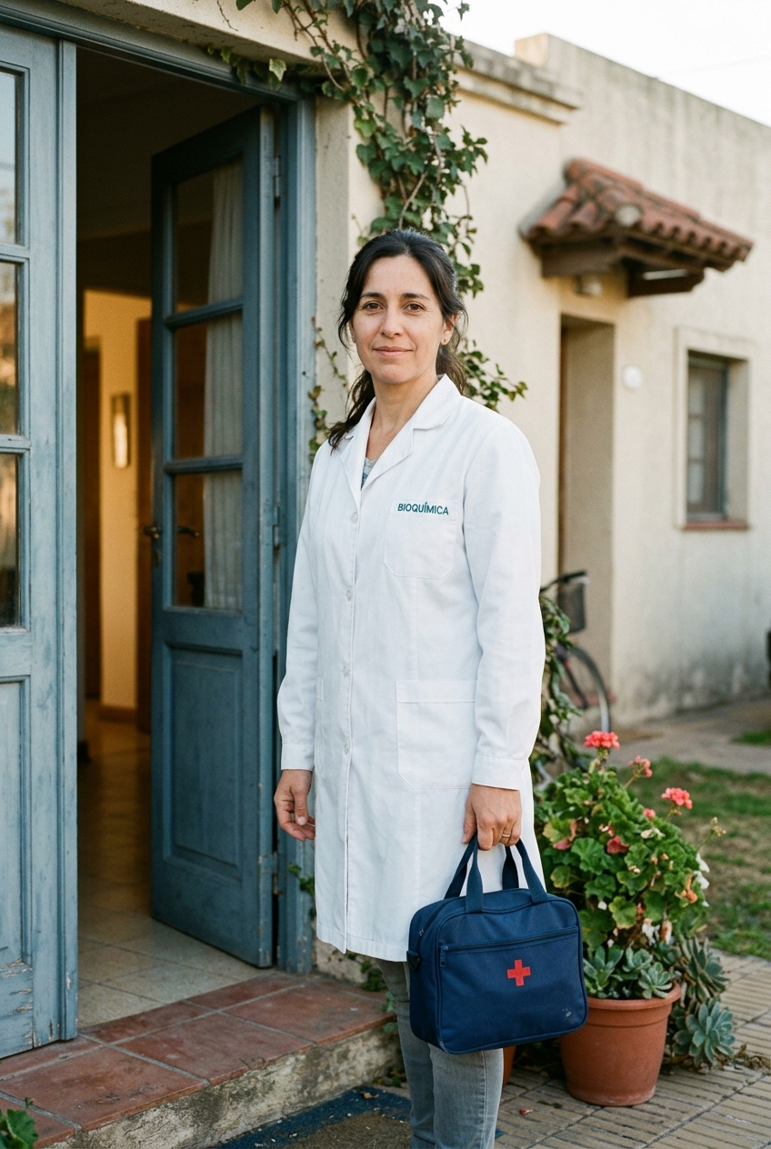 Bioquímica del laboratorio en la puerta de domicilio del paciente, con el bolso de extracción.