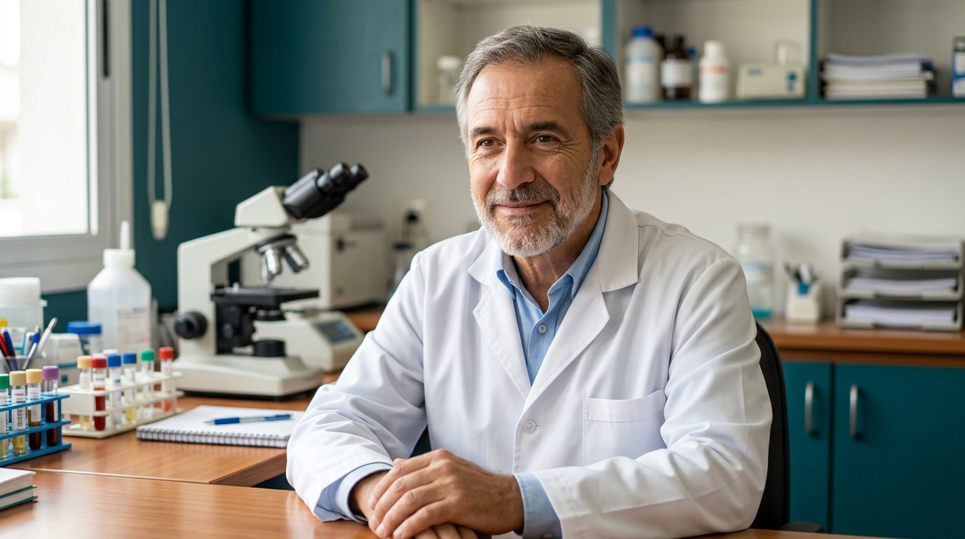 Retrato del Dr. José Antonio Pugliese en su laboratorio, con lente y sonrisa serena.