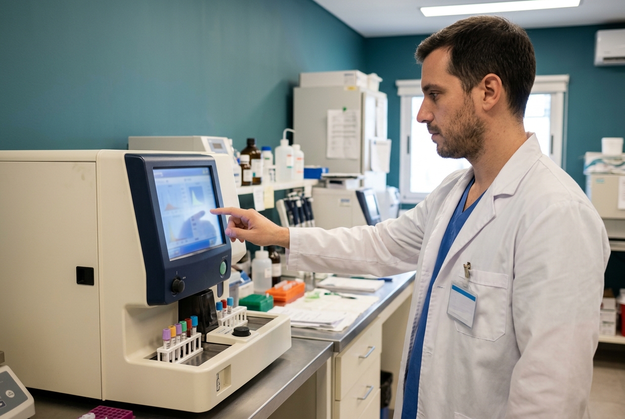 Técnico del equipo frente a un analizador hematológico.