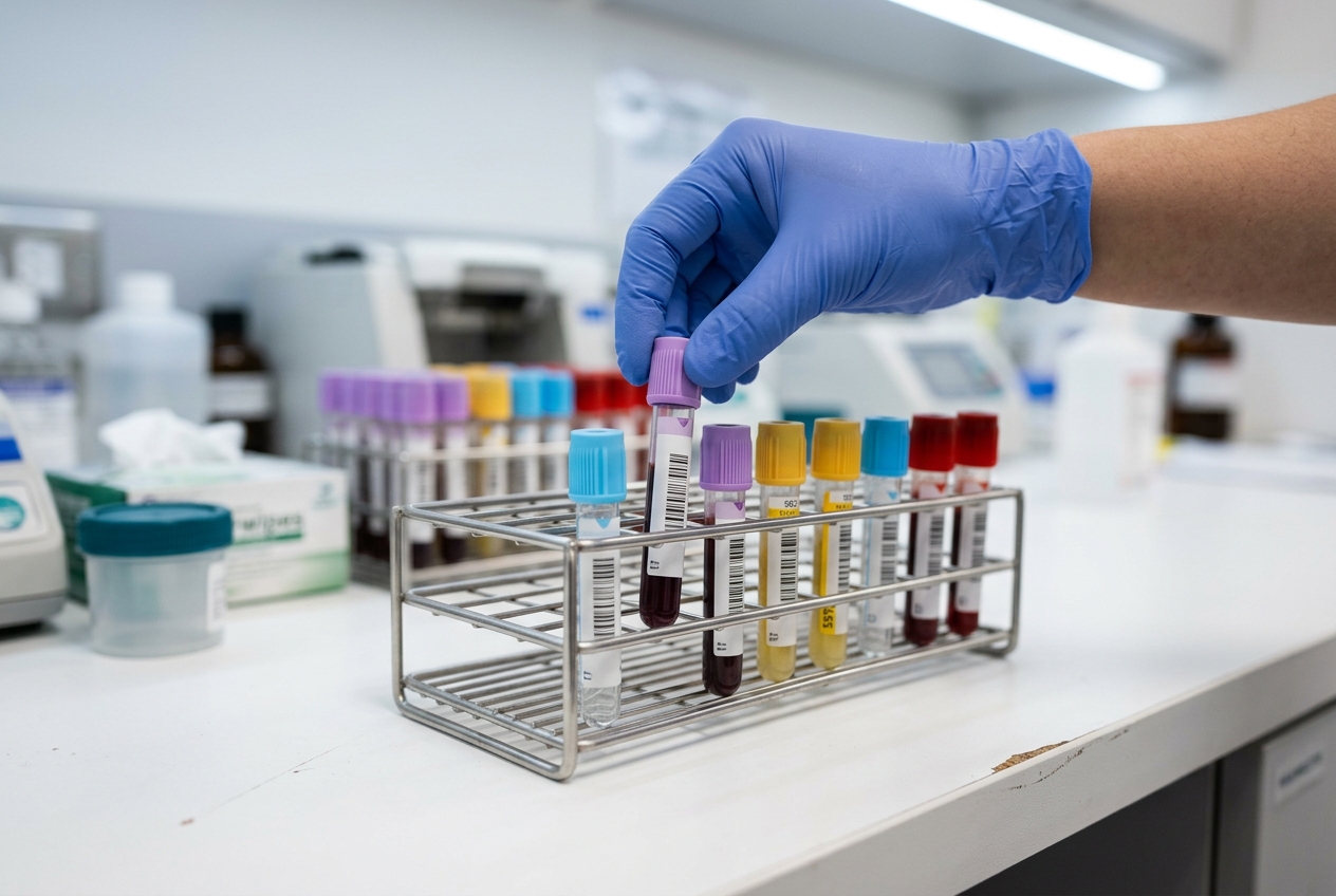 Tubos etiquetados en rack de acero inoxidable.