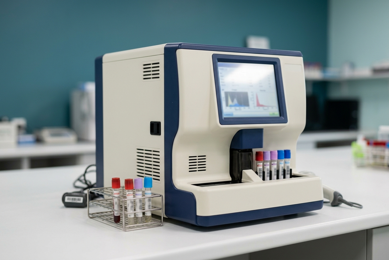 Analizador hematológico benchtop con rack de tubos.