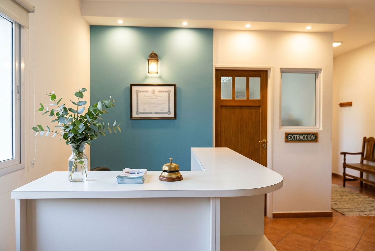 Mostrador de recepción del laboratorio, limpio, con eucaliptus y folletería.