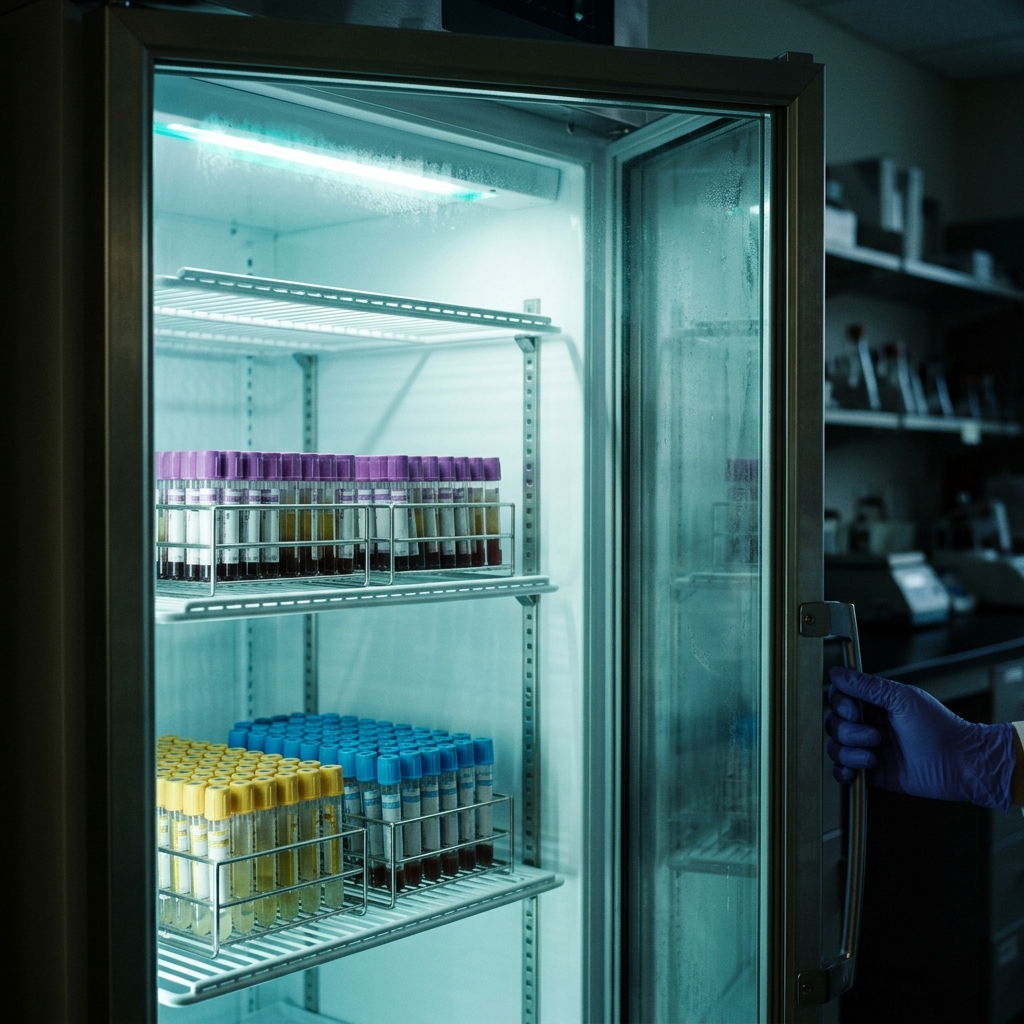 Refrigerador de muestras con racks de tubos ordenados.