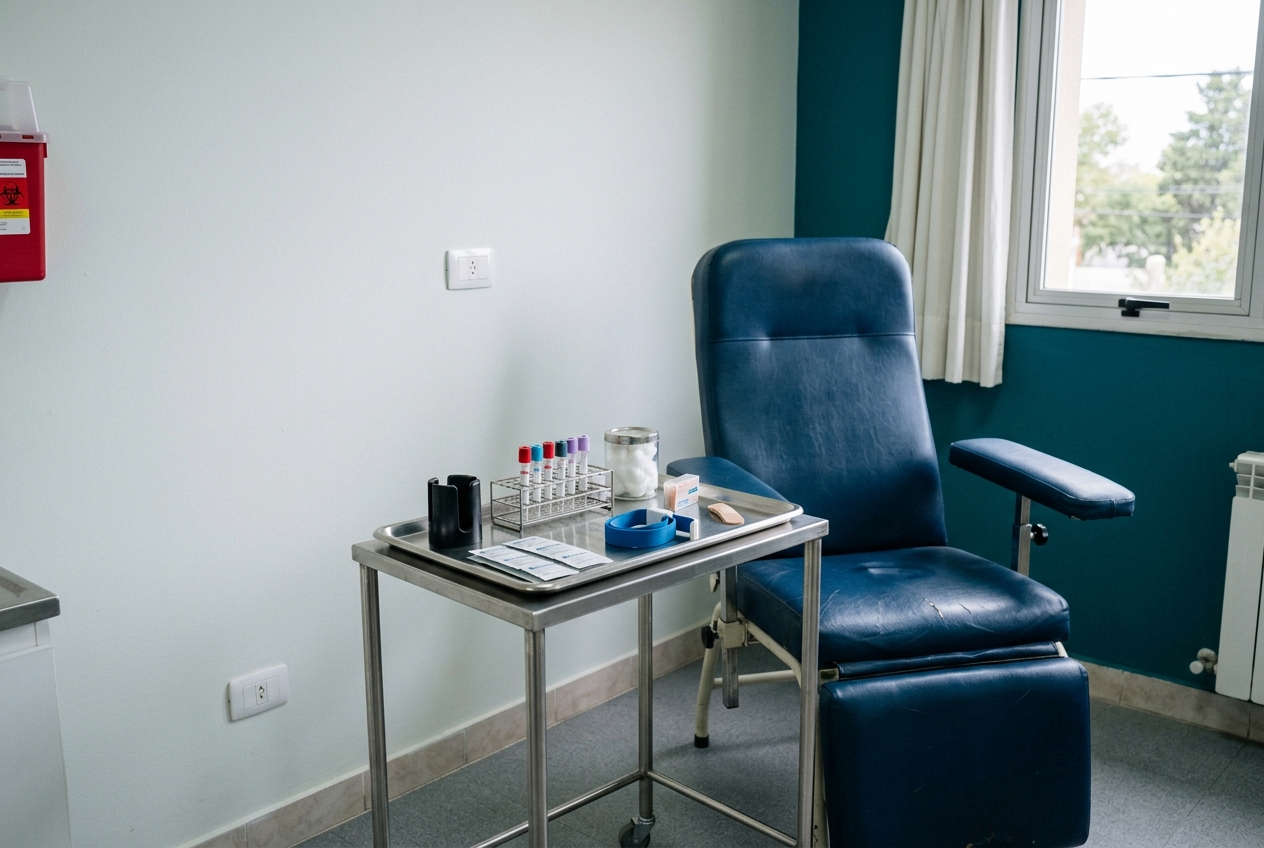 Sala de extracción con sillón acolchado y bandeja de insumos estériles.