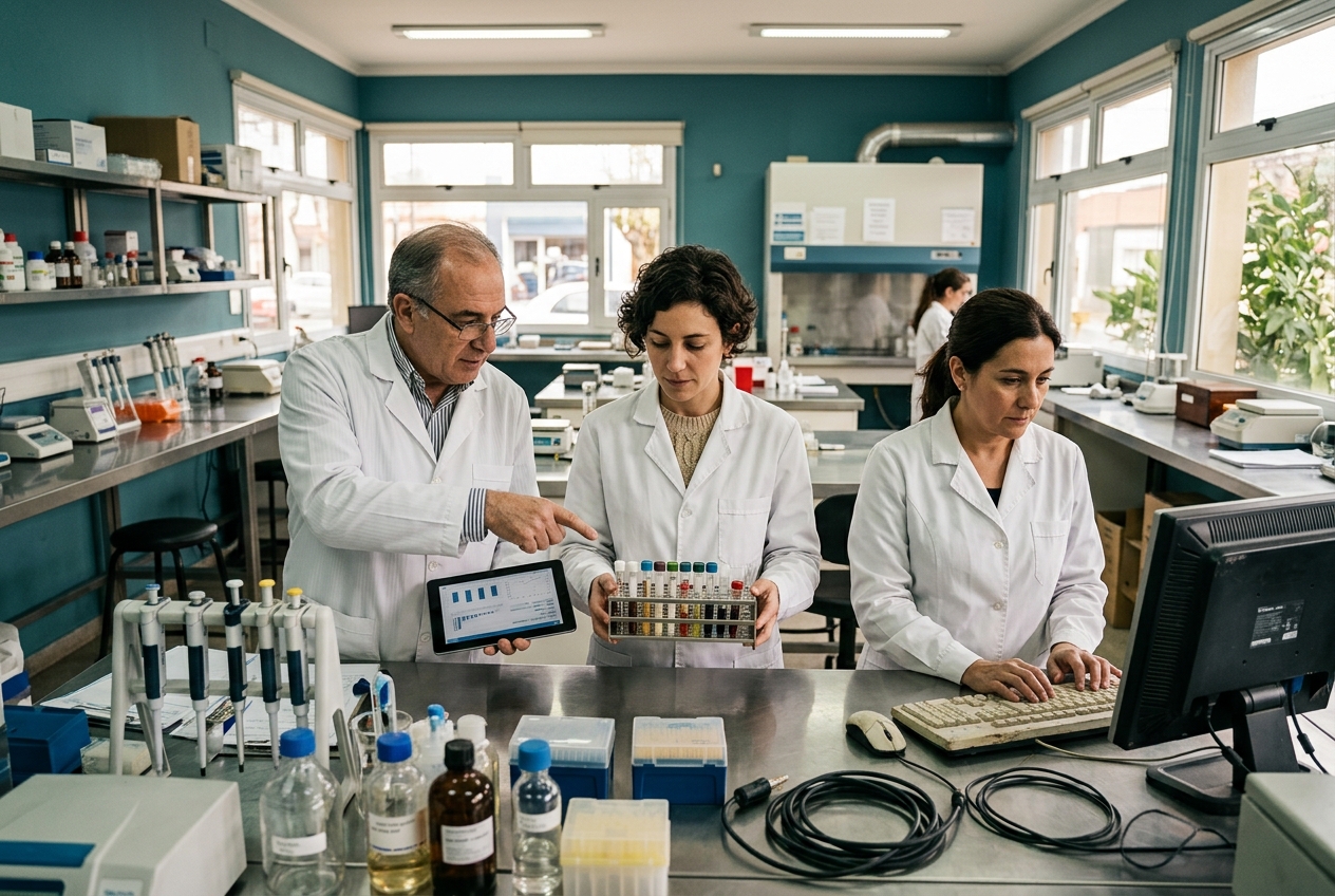 Equipo del laboratorio trabajando en la mesa central.
