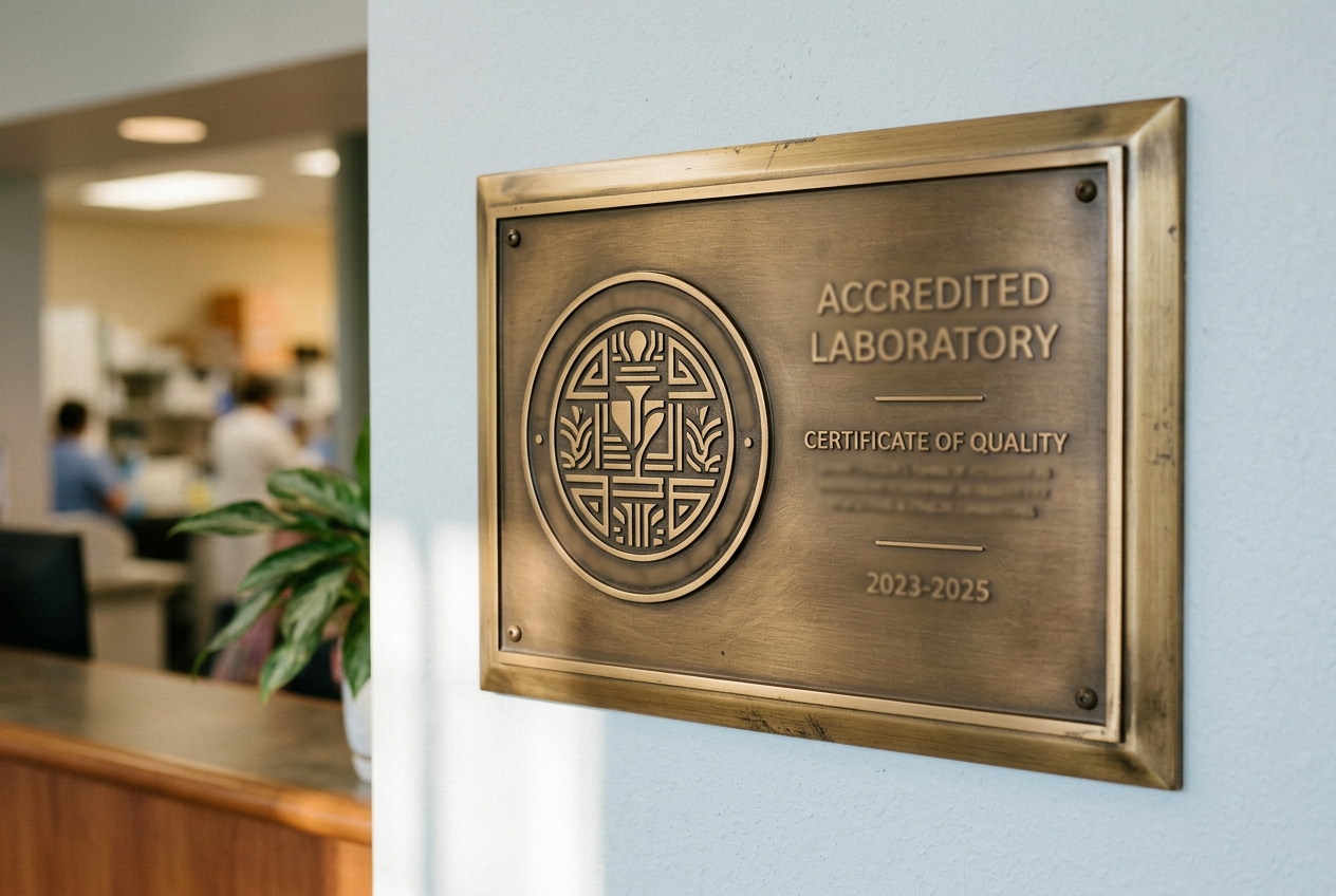 Sello de acreditación PAL enmarcado en la pared del laboratorio.
