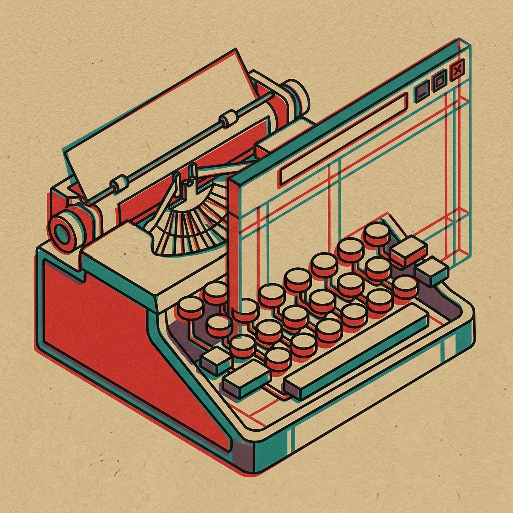 Ilustración risográfica de teclado de máquina de escribir intersectado con ventana de navegador isométrica