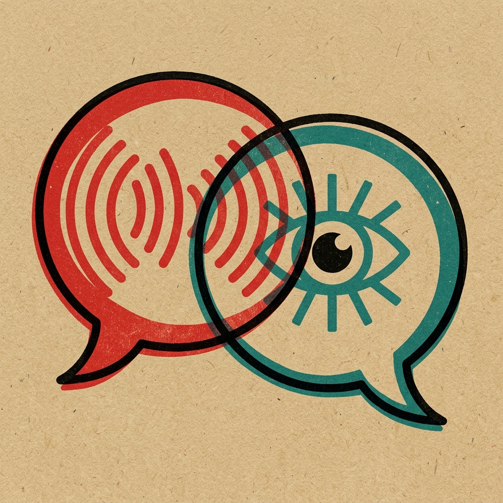 Ilustración risográfica de burbujas de diálogo con ondas sonoras y un ojo