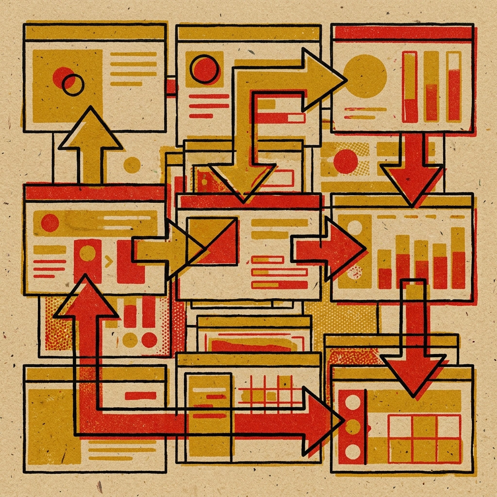 Ilustración risográfica de frames rectangulares apilados con transiciones por flechas