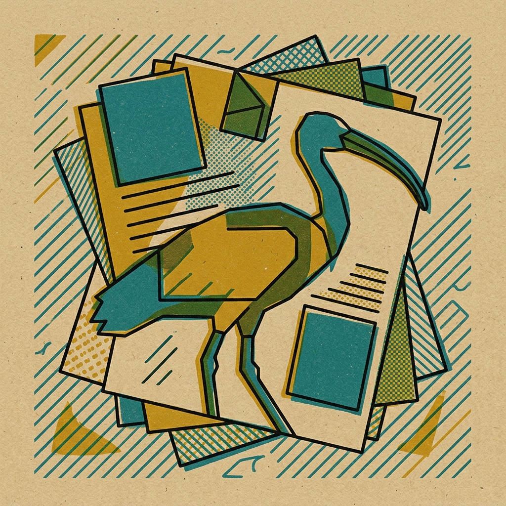Ilustración risográfica de documentos apilados intersectando silueta abstracta de ibis